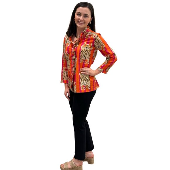 Liza Byrd Bessie Ruffle Blouse in Tangerine and Pink StripTiger Print Size S - Picture 5 of 12